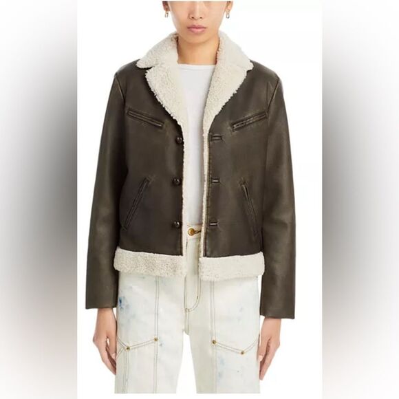 MOTHER The Mile High bomber jacket in brown faux leather and Sherpa detail M - Picture 2 of 16